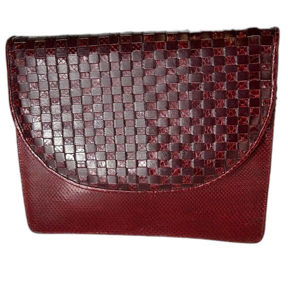 Vintage 60s-70s Barbara Bolen Burgundy Red Genuine Snakeskin Flap Clutch Bag - Picture 1 of 16
